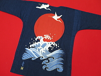 義若オリジナルの鯉口シャツ・ダボシャツ 藍調バックプリント　波と鶴